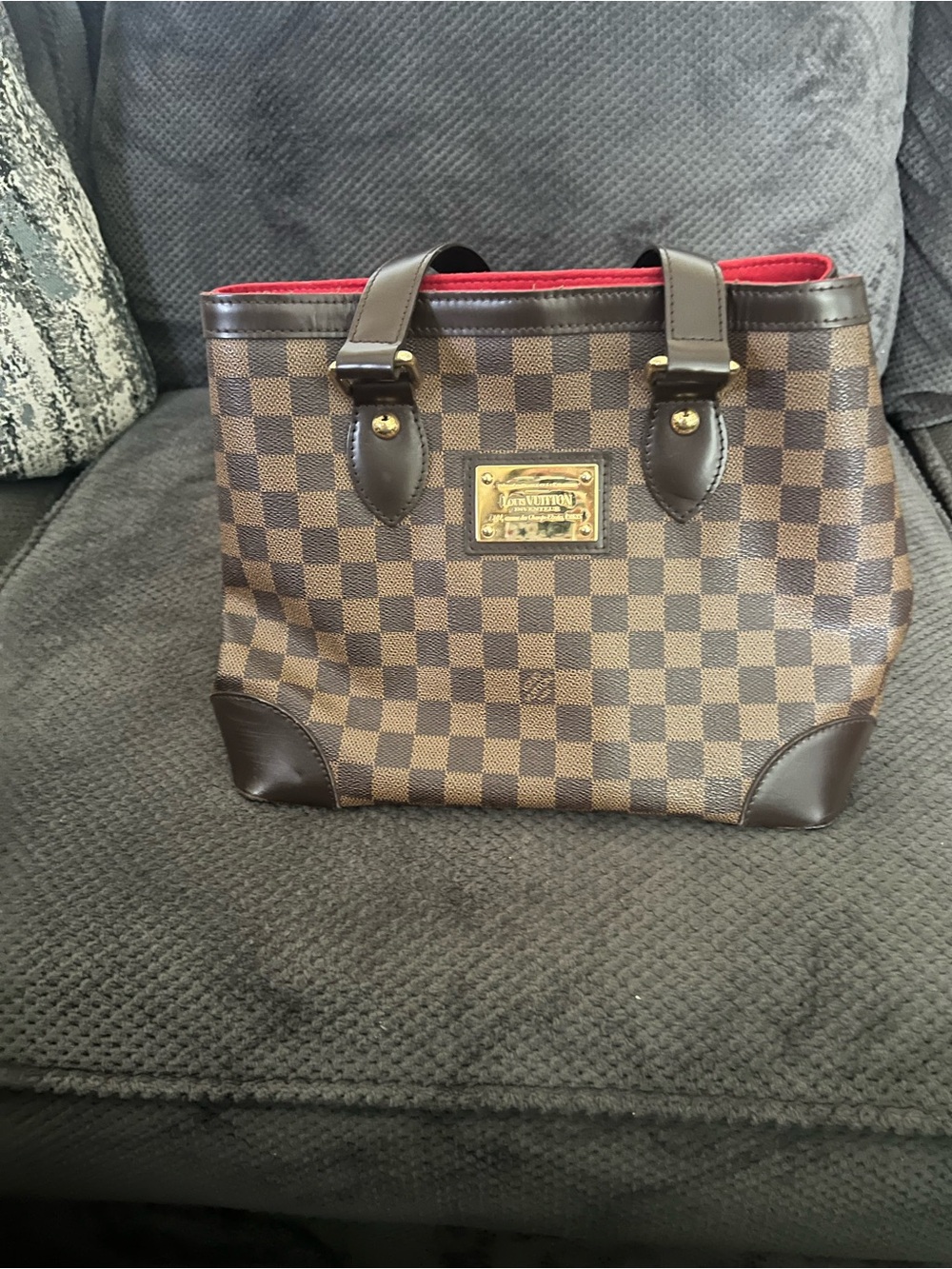 Louis Vuitton Brown Damier Canvas Tote with Red Interior - Picture 6 of 7